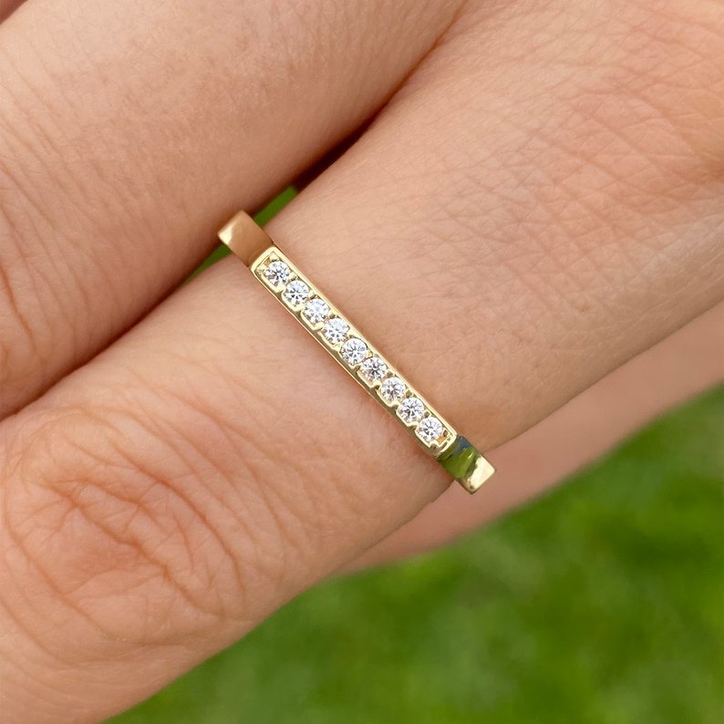 Swarish Jewels Minimal Bar Signet Silver Ring | Flat Top D Shape Ring |  Pave Cz Dainty Ring | Thin Stacking Ring | Long Horizontal Bar Ring